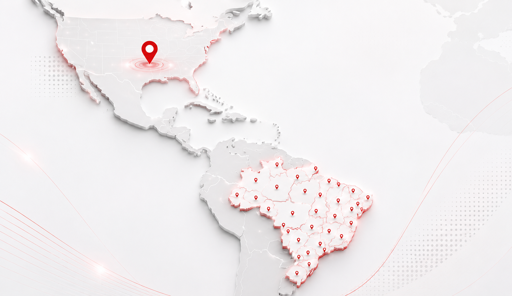 Mapa de alcance da WTech com presenca no Brasil e clientes nos Estados Unidos